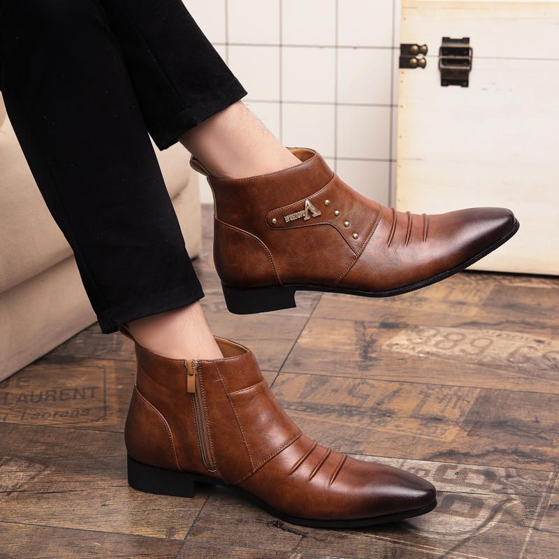 Botines Casuales De Negocios Con Punta Puntiaguda De Cuero Genuino Para Hombre