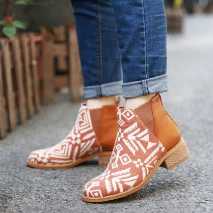 Botines Casuales De Tacón De Bloque Con Costura De Impresión Folklórica Para Mujer