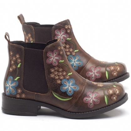 Botines Chelsea Cómodos Con Bordado Floral Retro Para Mujer