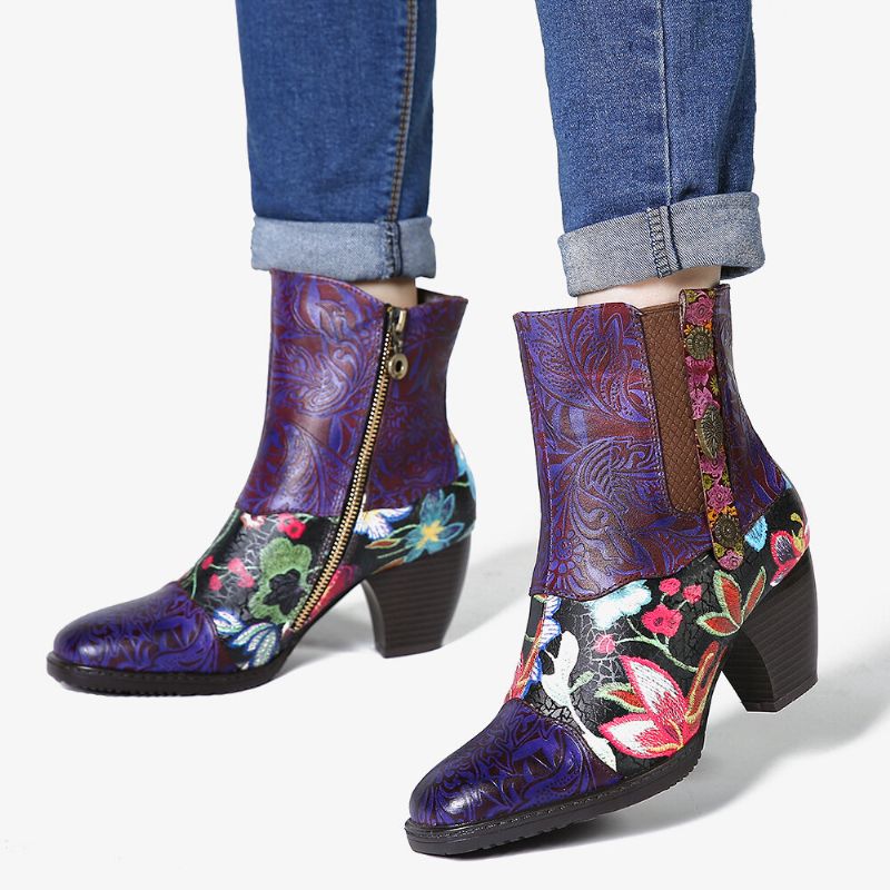 Botines Chelsea De Media Pantorrilla Con Cremallera Y Forro Cálido Con Punta Redonda Y Estampado Floral De Empalme Para Mujer