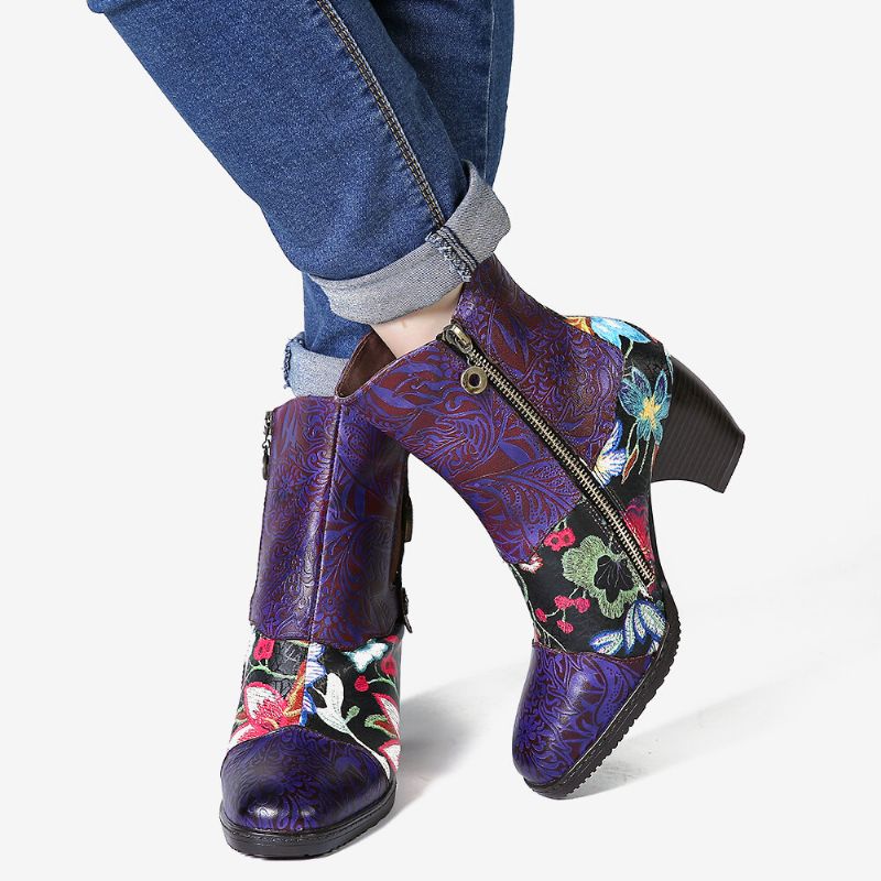 Botines Chelsea De Media Pantorrilla Con Cremallera Y Forro Cálido Con Punta Redonda Y Estampado Floral De Empalme Para Mujer