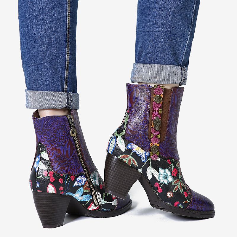 Botines Chelsea De Media Pantorrilla Con Cremallera Y Forro Cálido Con Punta Redonda Y Estampado Floral De Empalme Para Mujer