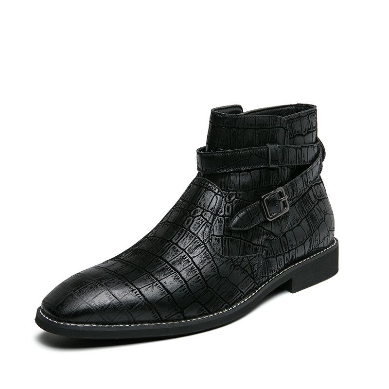 Botines Cómodos Con Correa De Hebilla De Metal De Cuero En Relieve De Moda Para Hombre