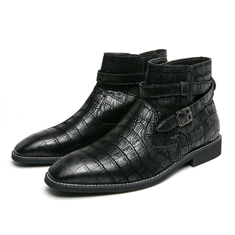 Botines Cómodos Con Correa De Hebilla De Metal De Cuero En Relieve De Moda Para Hombre