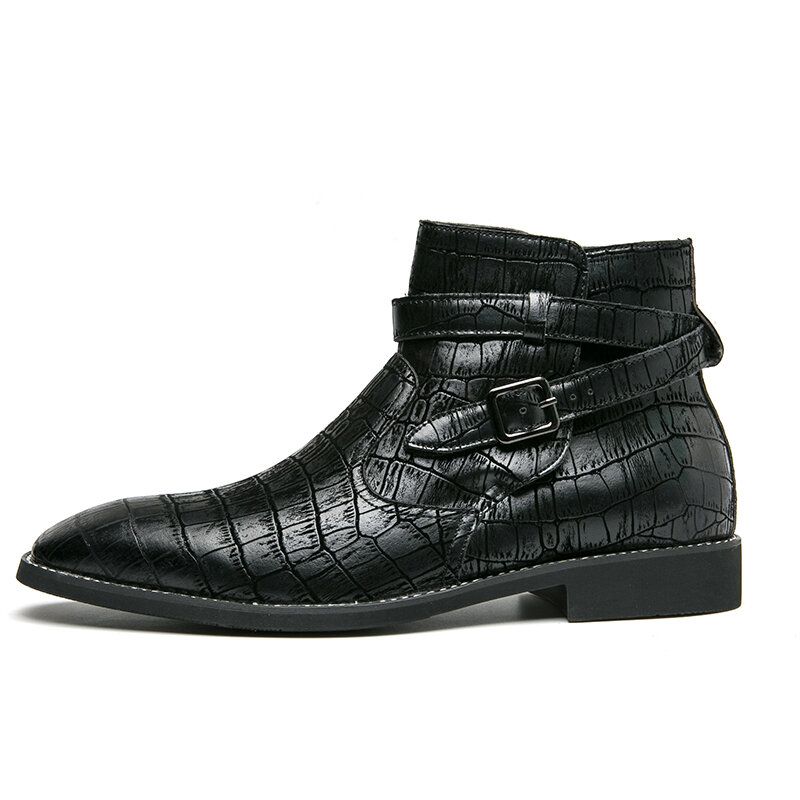 Botines Cómodos Con Correa De Hebilla De Metal De Cuero En Relieve De Moda Para Hombre