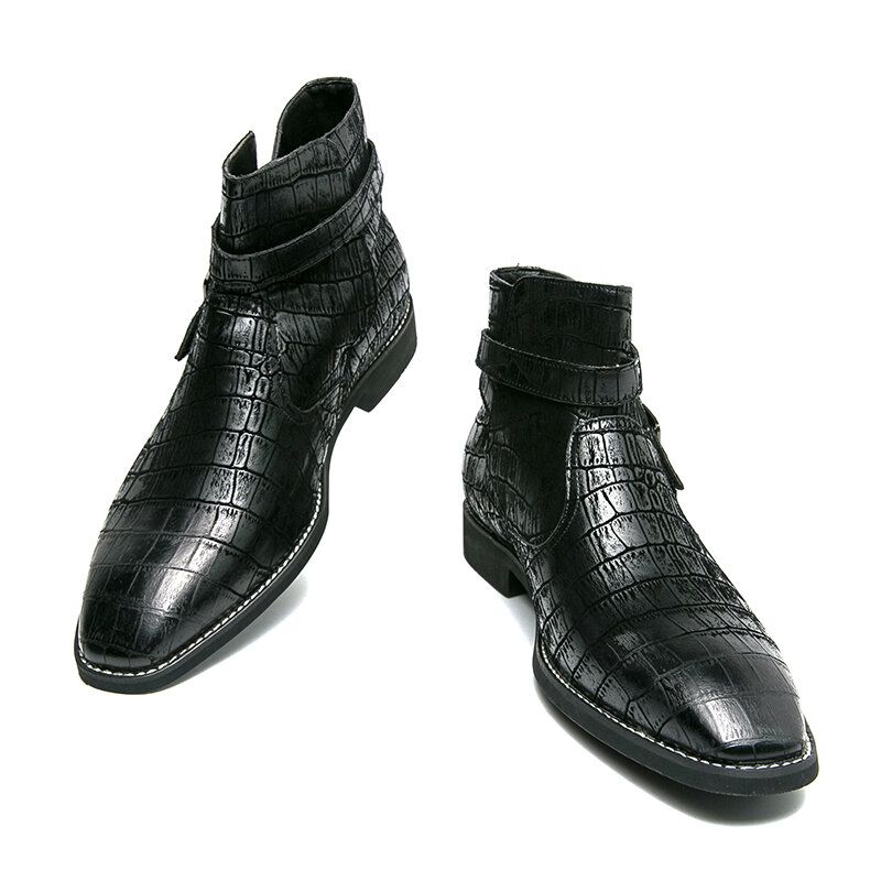 Botines Cómodos Con Correa De Hebilla De Metal De Cuero En Relieve De Moda Para Hombre