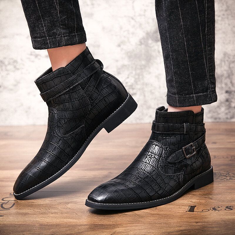 Botines Cómodos Con Correa De Hebilla De Metal De Cuero En Relieve De Moda Para Hombre