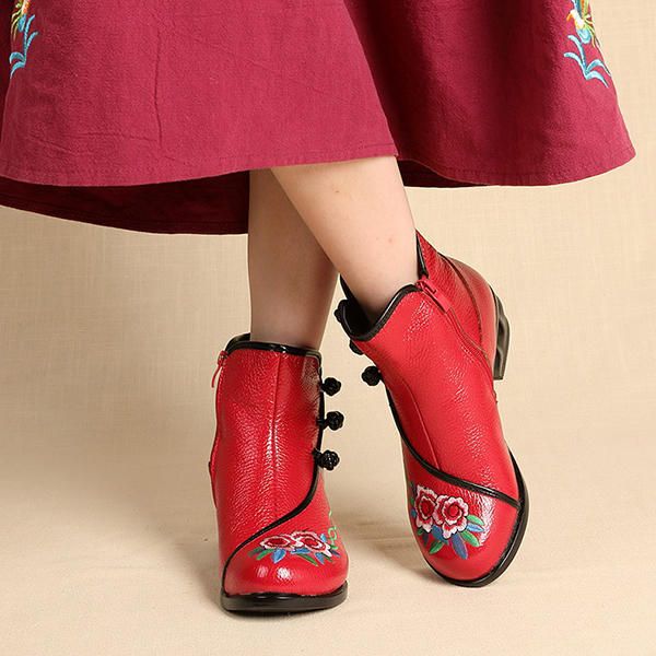 Botines Con Botones De Rana De Cuero De Tacón Medio Bordados De Folkways Para Mujer