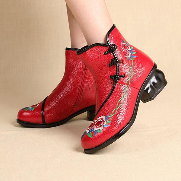 Botines Con Botones De Rana De Cuero De Tacón Medio Bordados De Folkways Para Mujer