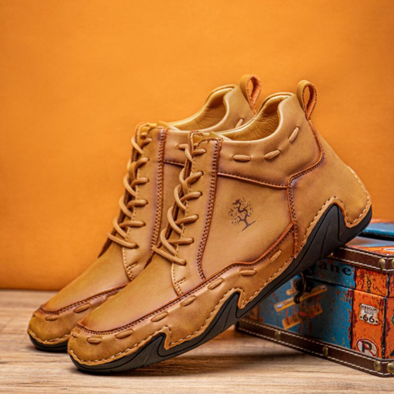 Botines Con Cordones Suaves Antideslizantes De Cuero Con Costura A Mano Retro Para Hombre