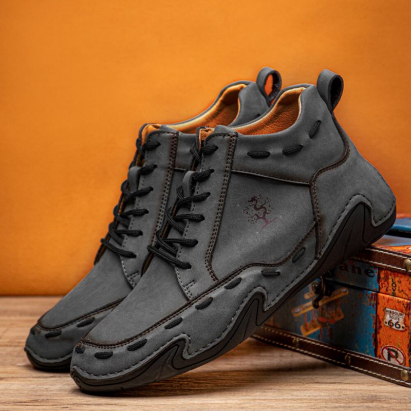 Botines Con Cordones Suaves Antideslizantes De Cuero Con Costura A Mano Retro Para Hombre