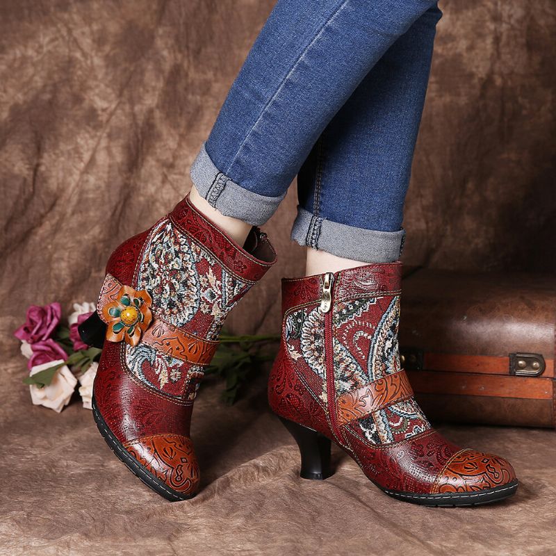 Botines Con Cremallera De Gancho Y Bucle Forrados Cálidos Con Diseño Tribal Decorativo De Flores