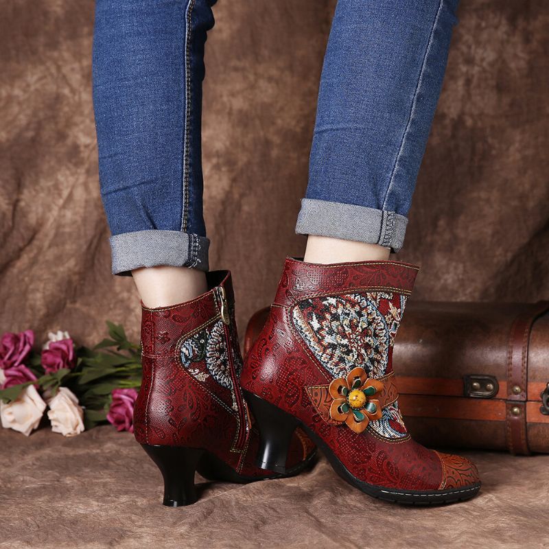 Botines Con Cremallera De Gancho Y Bucle Forrados Cálidos Con Diseño Tribal Decorativo De Flores