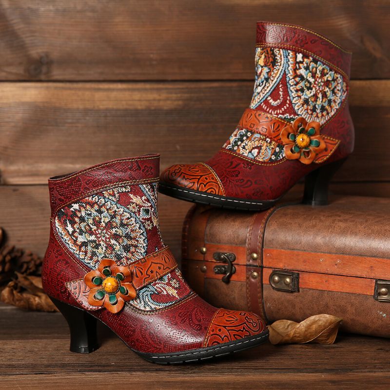 Botines Con Cremallera De Gancho Y Bucle Forrados Cálidos Con Diseño Tribal Decorativo De Flores