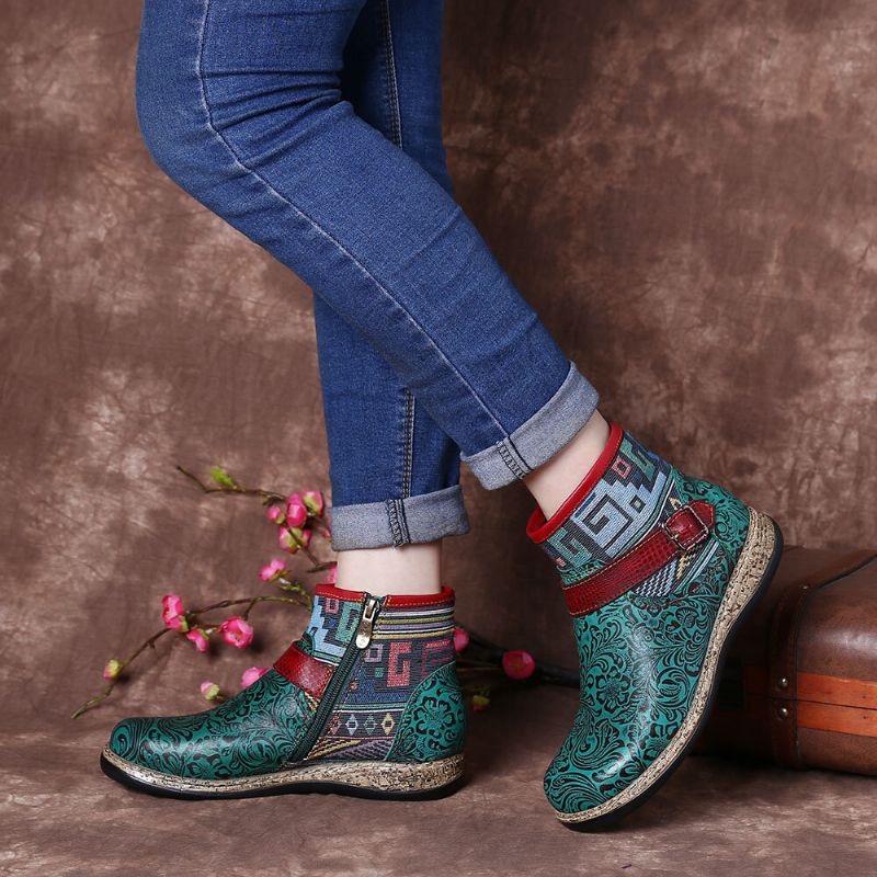 Botines Con Cremallera Plana Suave De Cuero Genuino En Relieve Verde Retro Para Mujer