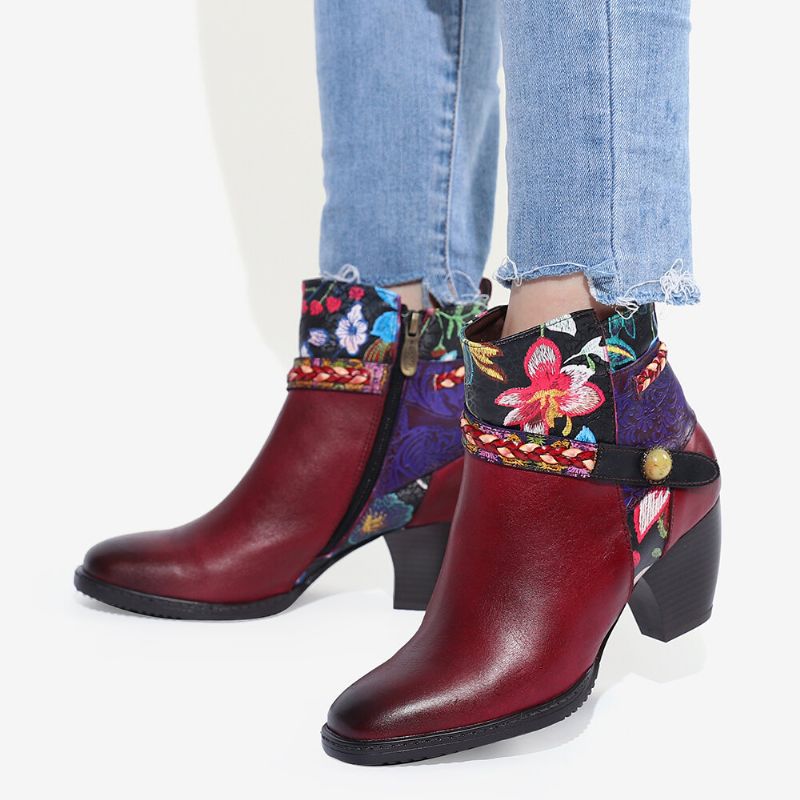 Botines Con Cremallera Y Forro Cálido Con Punta Cuadrada Decorativa Con Hebilla Borgoña Floral Para Mujer