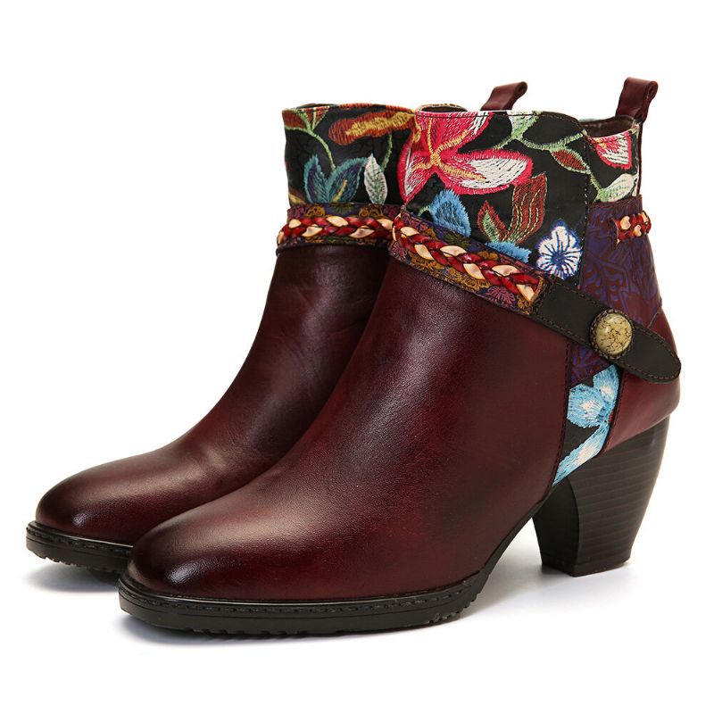 Botines Con Cremallera Y Forro Cálido Con Punta Cuadrada Decorativa Con Hebilla Borgoña Floral Para Mujer