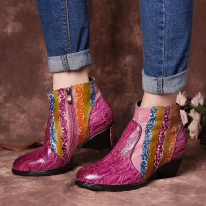 Botines Con Textura De Cuero Con Rayas De Arco Iris Pintados A Mano Para Mujer