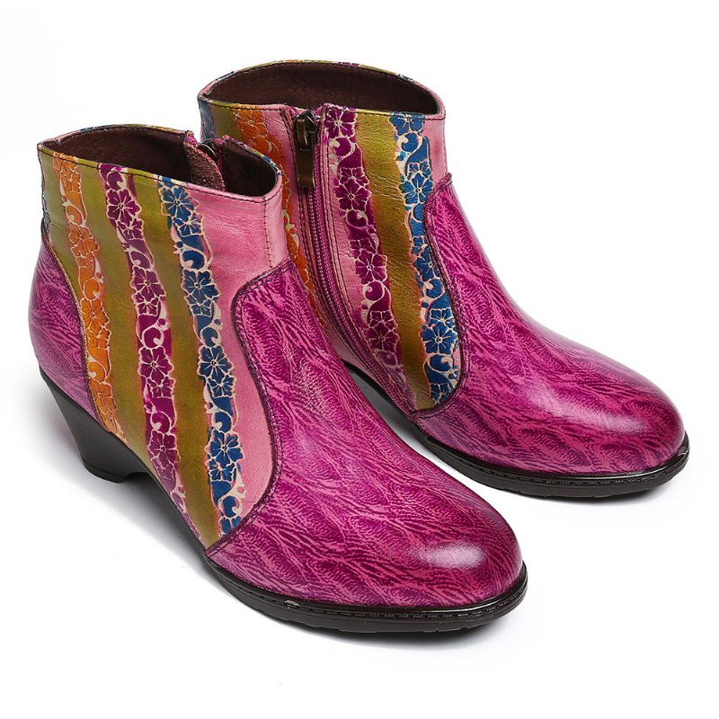 Botines Con Textura De Cuero Con Rayas De Arco Iris Pintados A Mano Para Mujer