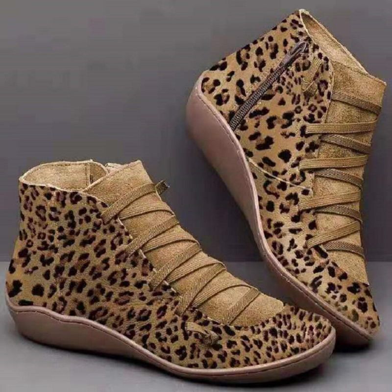 Botines Cortos Casuales Cómodos Con Cordones De Leopardo De Ante De Gran Tamaño Para Mujer