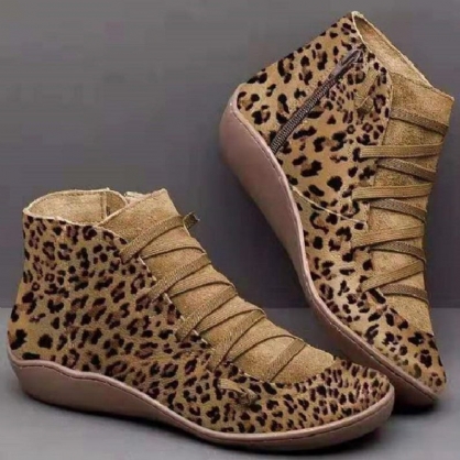 Botines Cortos Casuales Cómodos Con Cordones De Leopardo De Ante De Gran Tamaño Para Mujer