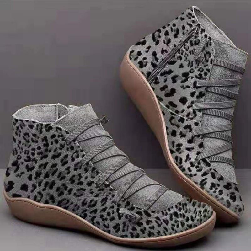 Botines Cortos Casuales Cómodos Con Cordones De Leopardo De Ante De Gran Tamaño Para Mujer