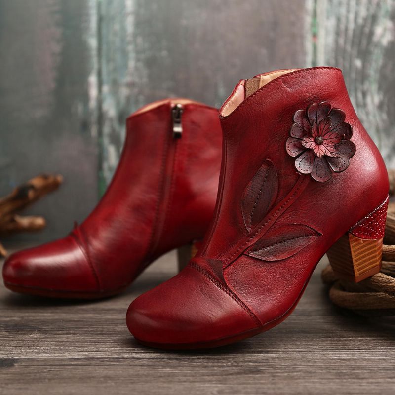 Botines Cortos Casuales De Cuero Genuino Con Flores Retro Para Mujer