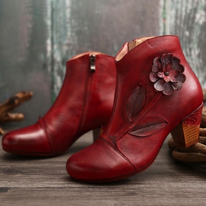 Botines Cortos Casuales De Cuero Genuino Con Flores Retro Para Mujer