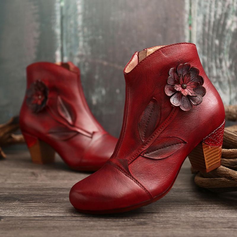 Botines Cortos Casuales De Cuero Genuino Con Flores Retro Para Mujer