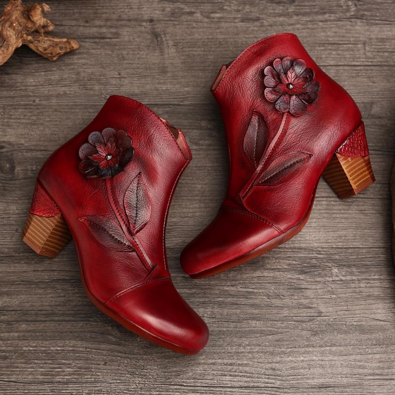 Botines Cortos Casuales De Cuero Genuino Con Flores Retro Para Mujer