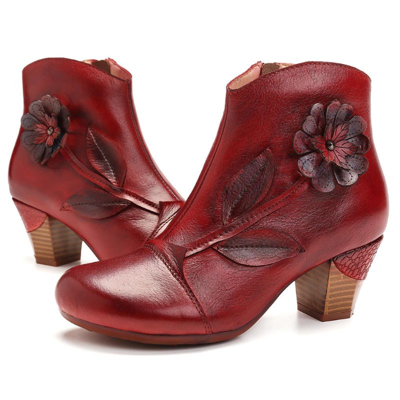 Botines Cortos Casuales De Cuero Genuino Con Flores Retro Para Mujer