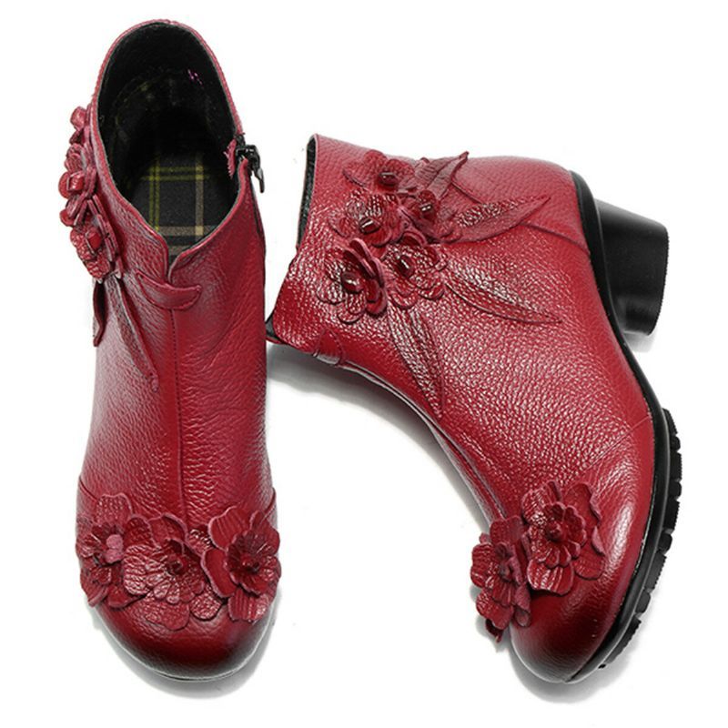 Botines Cortos De Color Sólido Con Flores Hechas A Mano Retro De Cuero Genuino Para Mujer