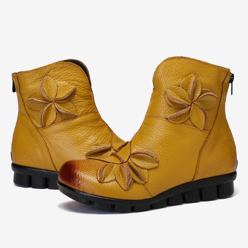 Botines Cortos Cómodos De Cuero Genuino Con Flores Hechas A Mano Para Mujer