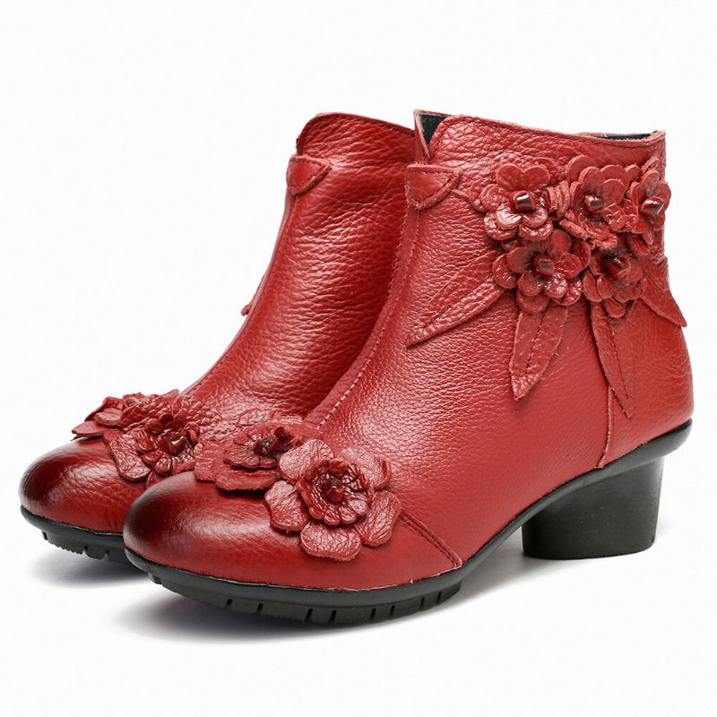 Botines Cortos De Tacón Bajo Con Flores Hechas A Mano De Cuero Genuino Vintage Para Mujer