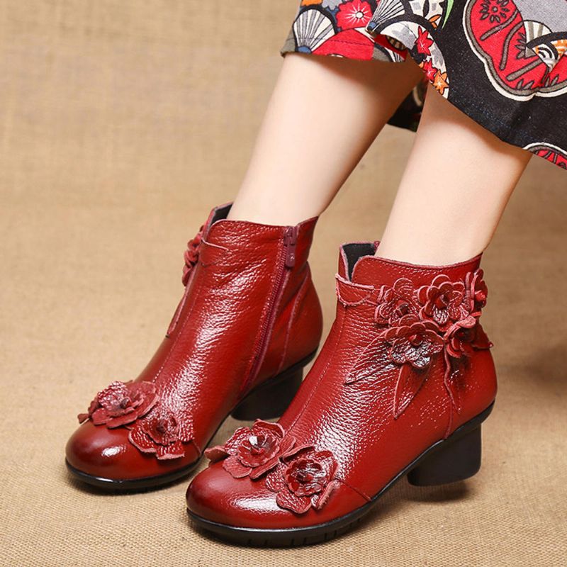 Botines Cortos De Tacón Bajo Con Flores Hechas A Mano De Cuero Genuino Vintage Para Mujer