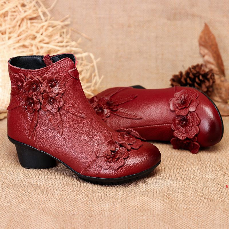 Botines Cortos De Tacón Bajo Con Flores Hechas A Mano De Cuero Genuino Vintage Para Mujer