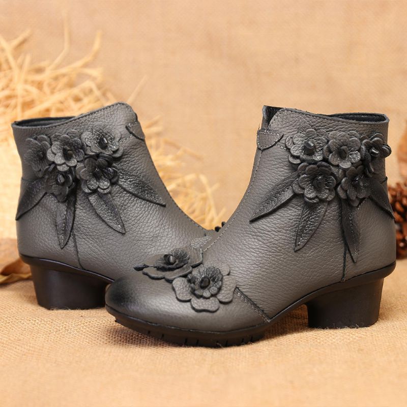 Botines Cortos De Tacón Bajo Con Flores Hechas A Mano De Cuero Genuino Vintage Para Mujer