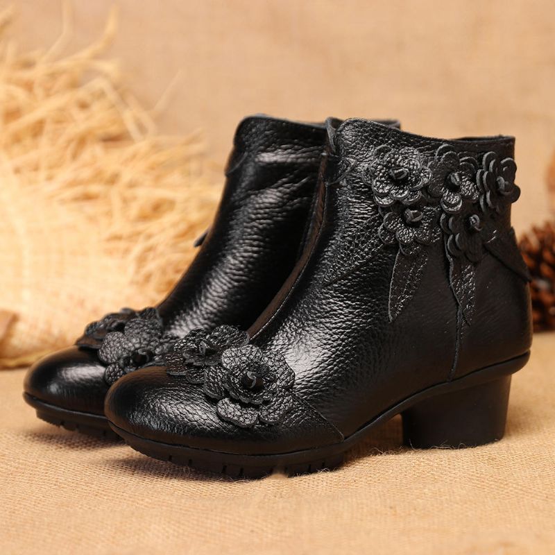 Botines Cortos De Tacón Bajo Con Flores Hechas A Mano De Cuero Genuino Vintage Para Mujer