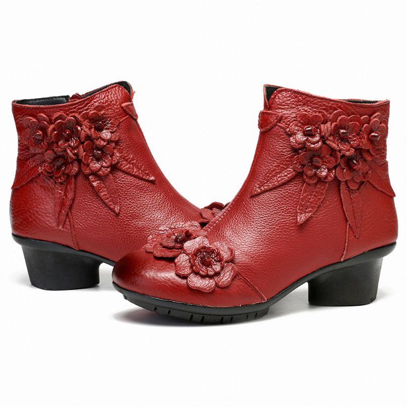 Botines Cortos De Tacón Bajo Con Flores Hechas A Mano De Cuero Genuino Vintage Para Mujer