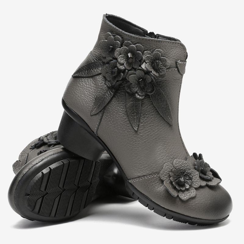 Botines Cortos De Tacón Bajo Con Flores Hechas A Mano De Cuero Genuino Vintage Para Mujer