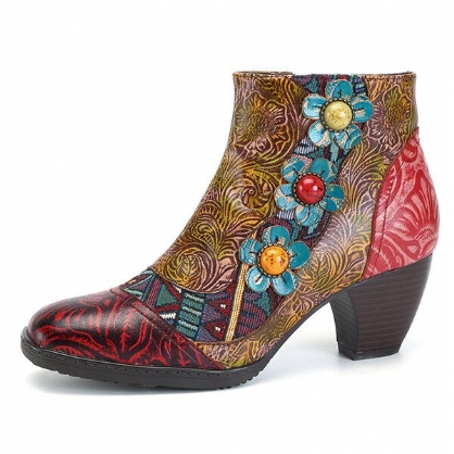 Botines De Cuero Bohemios Cómodos Con Cremallera Y Flores