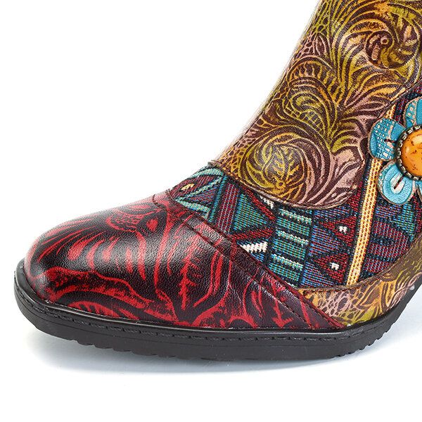 Botines De Cuero Bohemios Cómodos Con Cremallera Y Flores