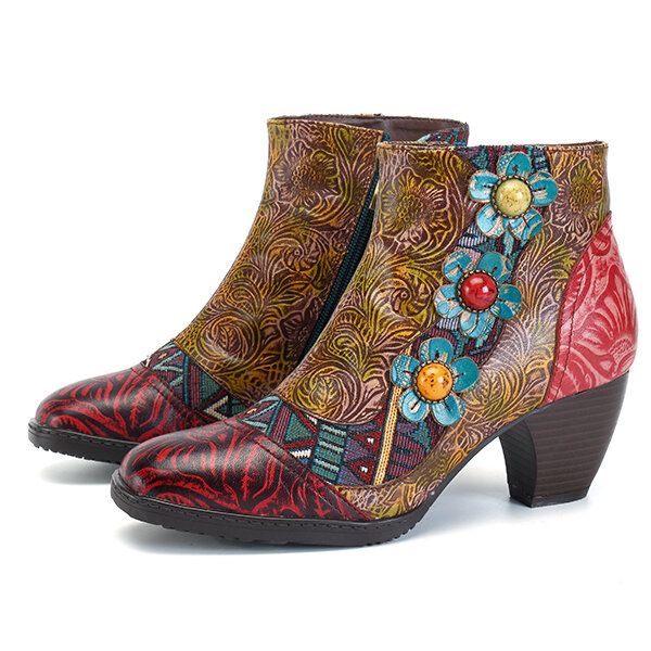 Botines De Cuero Bohemios Cómodos Con Cremallera Y Flores