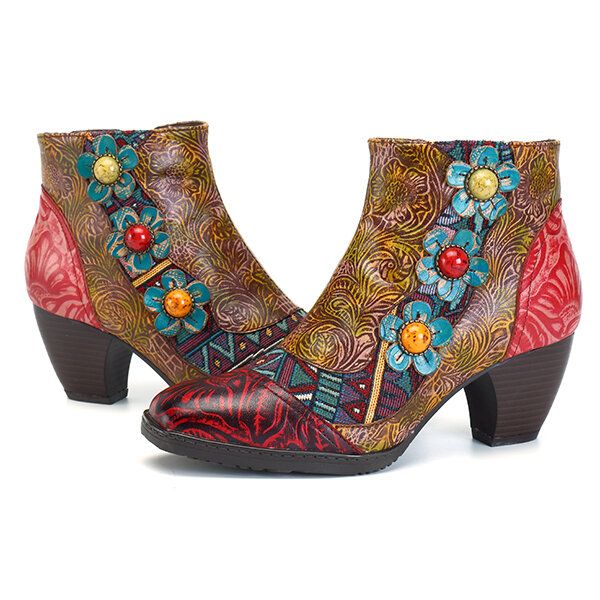 Botines De Cuero Bohemios Cómodos Con Cremallera Y Flores