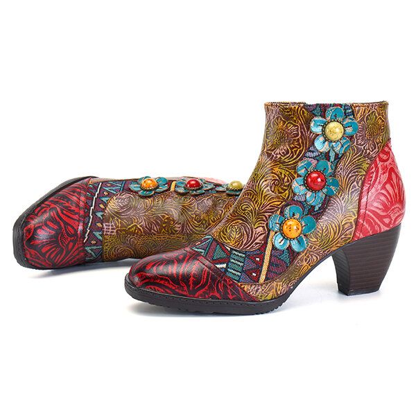 Botines De Cuero Bohemios Cómodos Con Cremallera Y Flores