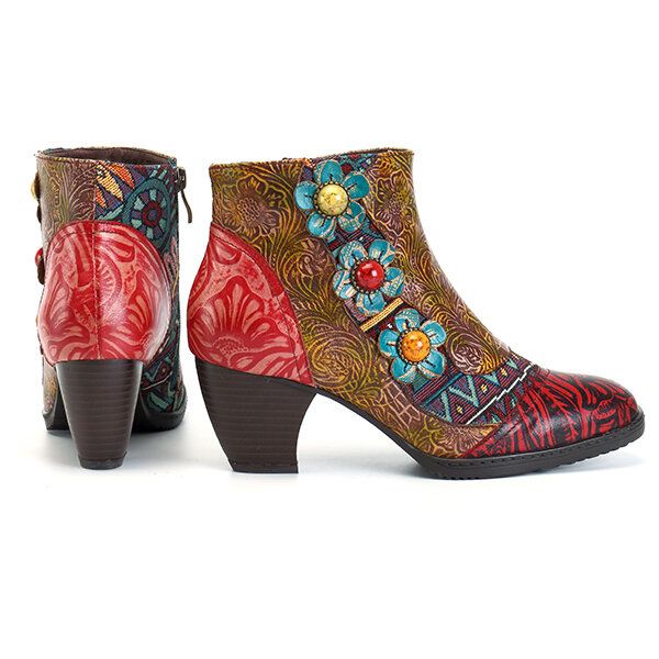 Botines De Cuero Bohemios Cómodos Con Cremallera Y Flores