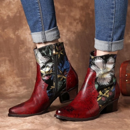 Botines De Cuero Con Costura De Flores En Relieve Retro Para Mujer