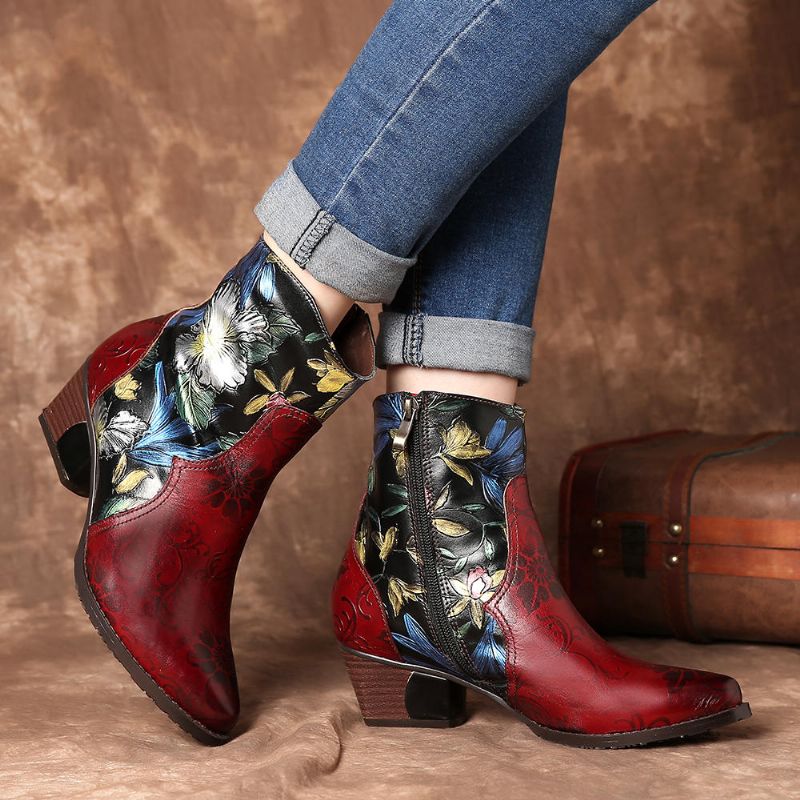 Botines De Cuero Con Costura De Flores En Relieve Retro Para Mujer