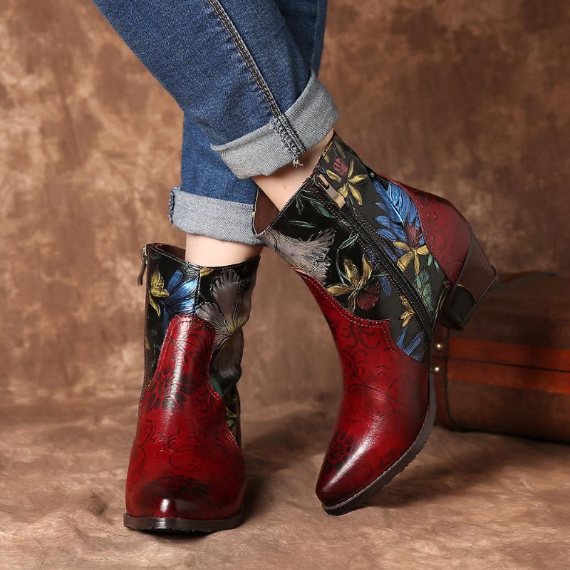 Botines De Cuero Con Costura De Flores En Relieve Retro Para Mujer