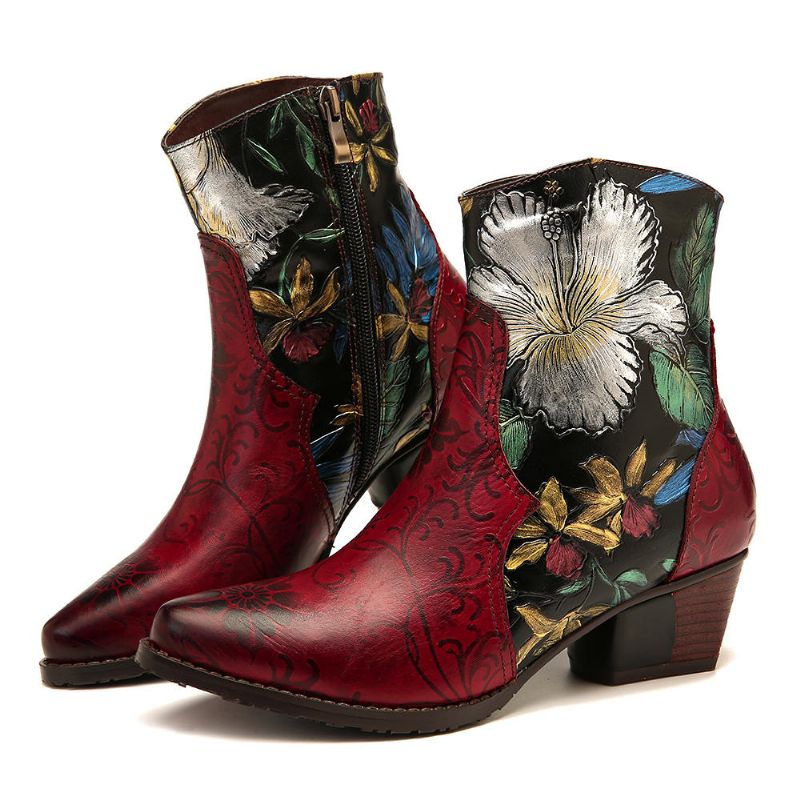 Botines De Cuero Con Costura De Flores En Relieve Retro Para Mujer